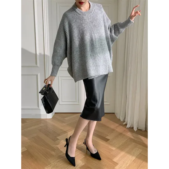 Irregularity Loose Solid Color Batwing Sleeves Round-Neck Sweater Tops Irregularity Loose Solid Color Batwing Sleeves Round-Neck Sweater Tops