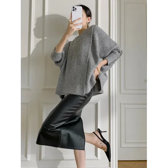 Irregularity Loose Solid Color Batwing Sleeves Round-Neck Sweater Tops Irregularity Loose Solid Color Batwing Sleeves Round-Neck Sweater Tops