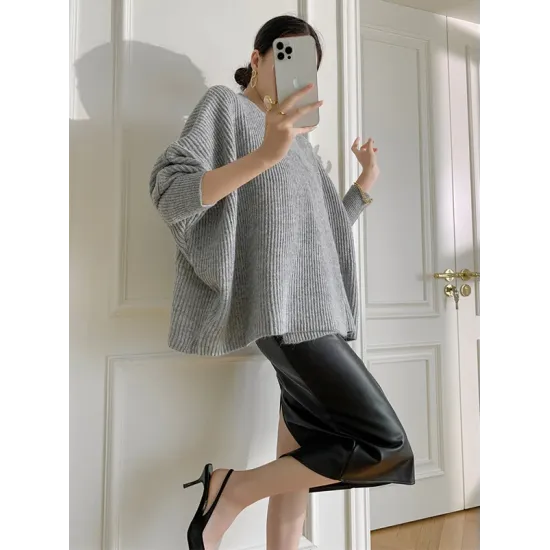 Irregularity Loose Solid Color Batwing Sleeves Round-Neck Sweater Tops Irregularity Loose Solid Color Batwing Sleeves Round-Neck Sweater Tops