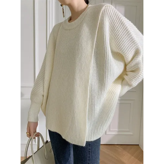 Irregularity Loose Solid Color Batwing Sleeves Round-Neck Sweater Tops Irregularity Loose Solid Color Batwing Sleeves Round-Neck Sweater Tops