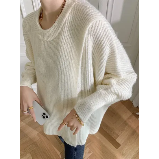 Irregularity Loose Solid Color Batwing Sleeves Round-Neck Sweater Tops Irregularity Loose Solid Color Batwing Sleeves Round-Neck Sweater Tops