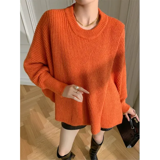 Irregularity Loose Solid Color Batwing Sleeves Round-Neck Sweater Tops Irregularity Loose Solid Color Batwing Sleeves Round-Neck Sweater Tops