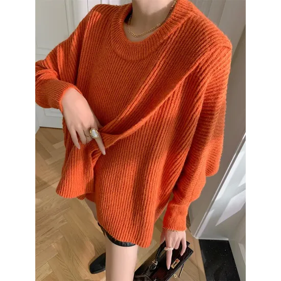 Irregularity Loose Solid Color Batwing Sleeves Round-Neck Sweater Tops Irregularity Loose Solid Color Batwing Sleeves Round-Neck Sweater Tops