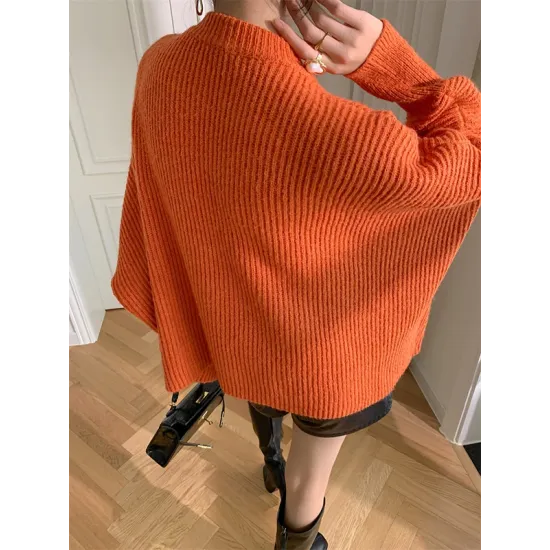 Irregularity Loose Solid Color Batwing Sleeves Round-Neck Sweater Tops Irregularity Loose Solid Color Batwing Sleeves Round-Neck Sweater Tops