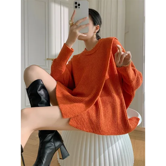 Irregularity Loose Solid Color Batwing Sleeves Round-Neck Sweater Tops Irregularity Loose Solid Color Batwing Sleeves Round-Neck Sweater Tops