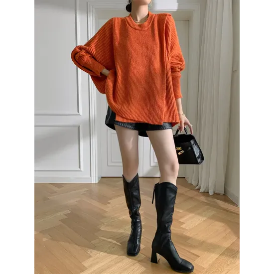 Irregularity Loose Solid Color Batwing Sleeves Round-Neck Sweater Tops Irregularity Loose Solid Color Batwing Sleeves Round-Neck Sweater Tops