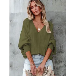 Loose Batwing Sleeves Twist Solid Color V-Neck Sweater Tops