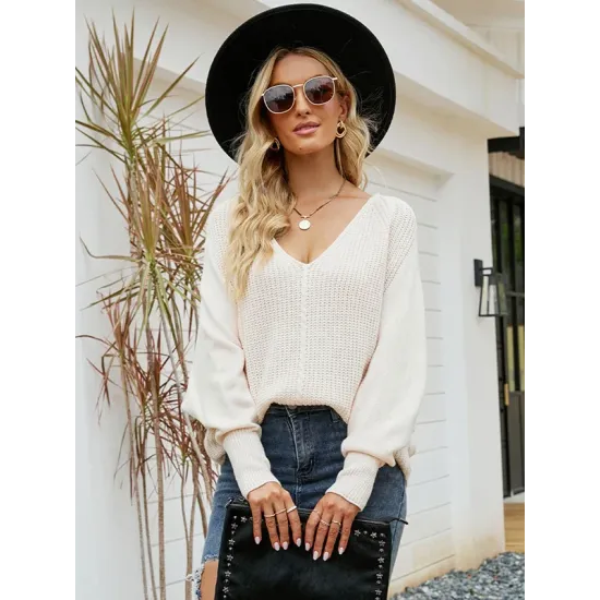 Loose Batwing Sleeves Twist Solid Color V-Neck Sweater Tops Loose Batwing Sleeves Twist Solid Color V-Neck Sweater Tops