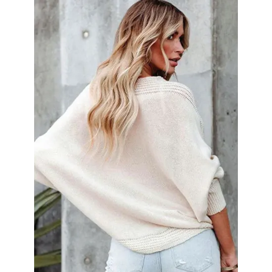 Loose Batwing Sleeves Twist Solid Color V-Neck Sweater Tops Loose Batwing Sleeves Twist Solid Color V-Neck Sweater Tops