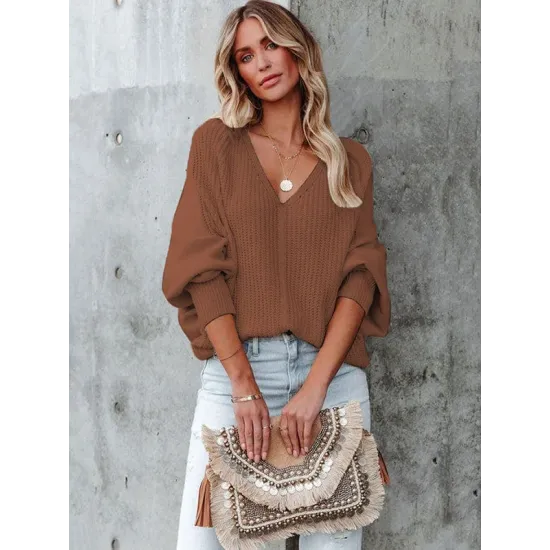 Loose Batwing Sleeves Twist Solid Color V-Neck Sweater Tops Loose Batwing Sleeves Twist Solid Color V-Neck Sweater Tops
