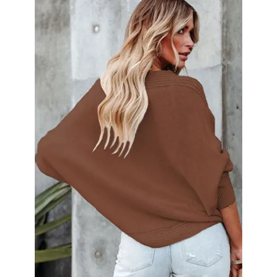 Loose Batwing Sleeves Twist Solid Color V-Neck Sweater Tops Loose Batwing Sleeves Twist Solid Color V-Neck Sweater Tops