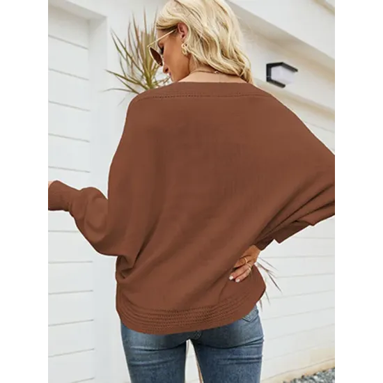 Loose Batwing Sleeves Twist Solid Color V-Neck Sweater Tops Loose Batwing Sleeves Twist Solid Color V-Neck Sweater Tops
