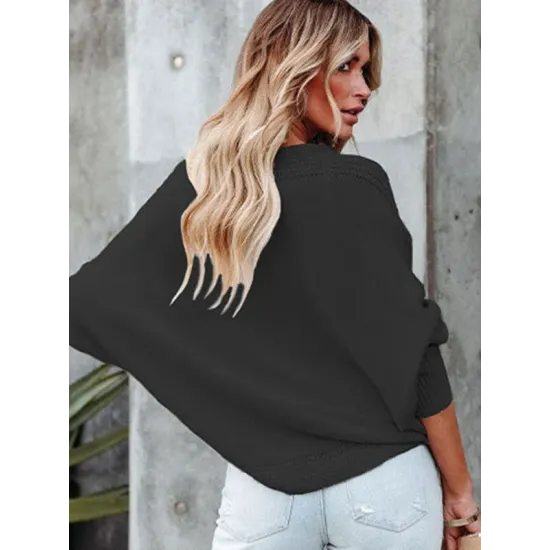 Loose Batwing Sleeves Twist Solid Color V-Neck Sweater Tops Loose Batwing Sleeves Twist Solid Color V-Neck Sweater Tops