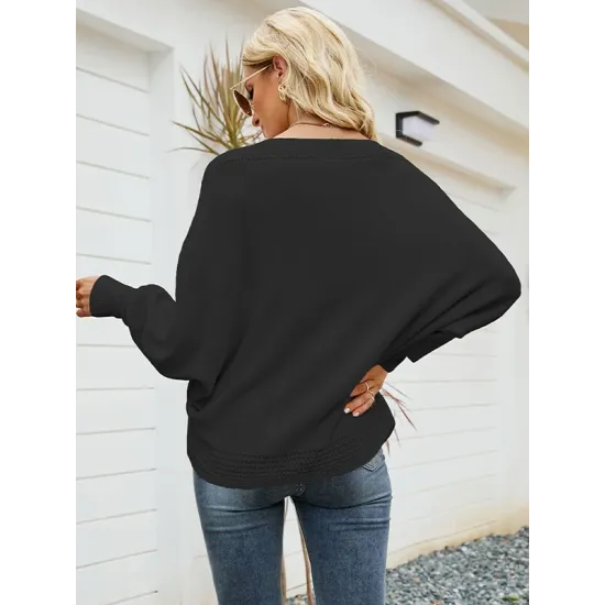 Loose Batwing Sleeves Twist Solid Color V-Neck Sweater Tops Loose Batwing Sleeves Twist Solid Color V-Neck Sweater Tops