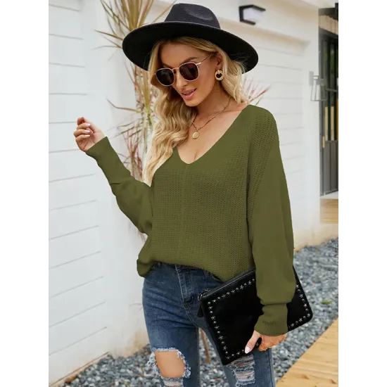 Loose Batwing Sleeves Twist Solid Color V-Neck Sweater Tops Loose Batwing Sleeves Twist Solid Color V-Neck Sweater Tops