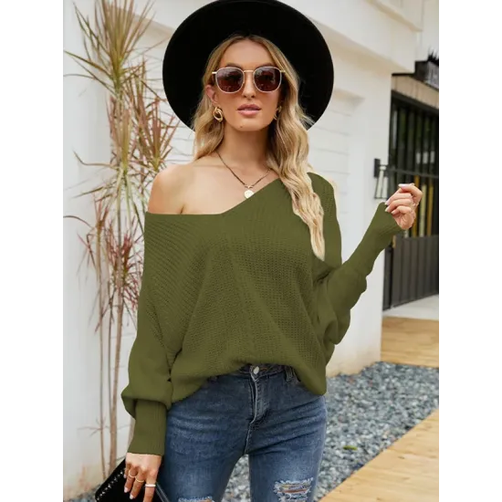 Loose Batwing Sleeves Twist Solid Color V-Neck Sweater Tops Loose Batwing Sleeves Twist Solid Color V-Neck Sweater Tops