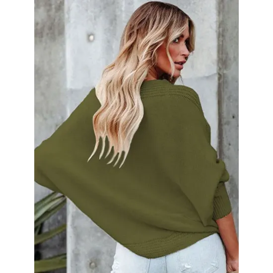 Loose Batwing Sleeves Twist Solid Color V-Neck Sweater Tops Loose Batwing Sleeves Twist Solid Color V-Neck Sweater Tops