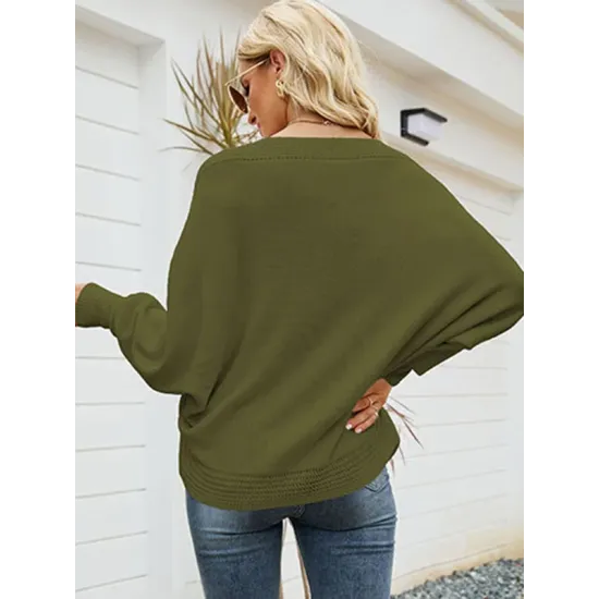Loose Batwing Sleeves Twist Solid Color V-Neck Sweater Tops Loose Batwing Sleeves Twist Solid Color V-Neck Sweater Tops