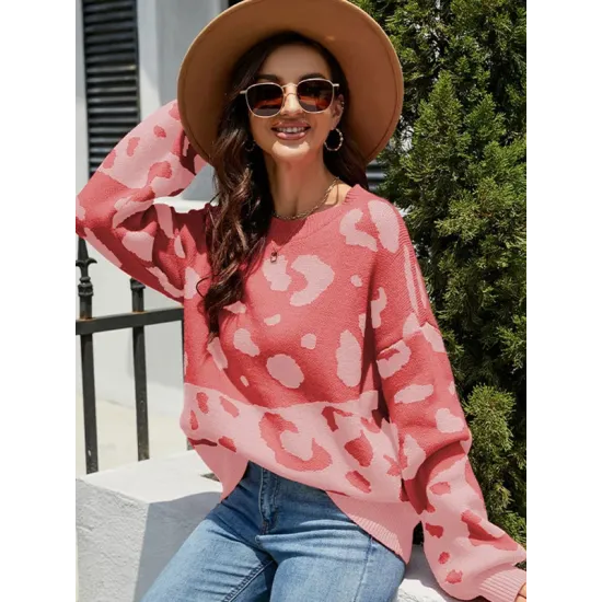Urban Puff Sleeves Leopard Two-Tone Round-Neck Sweater Tops Urban Puff Sleeves Leopard Two-Tone Round-Neck Sweater Tops