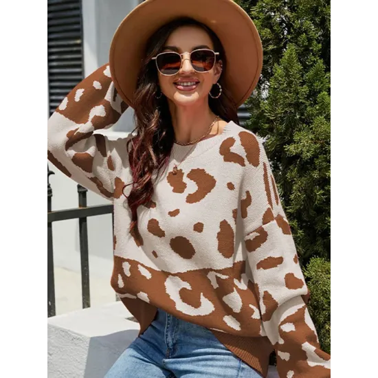 Urban Puff Sleeves Leopard Two-Tone Round-Neck Sweater Tops Urban Puff Sleeves Leopard Two-Tone Round-Neck Sweater Tops