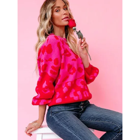 Urban Puff Sleeves Leopard Two-Tone Round-Neck Sweater Tops Urban Puff Sleeves Leopard Two-Tone Round-Neck Sweater Tops