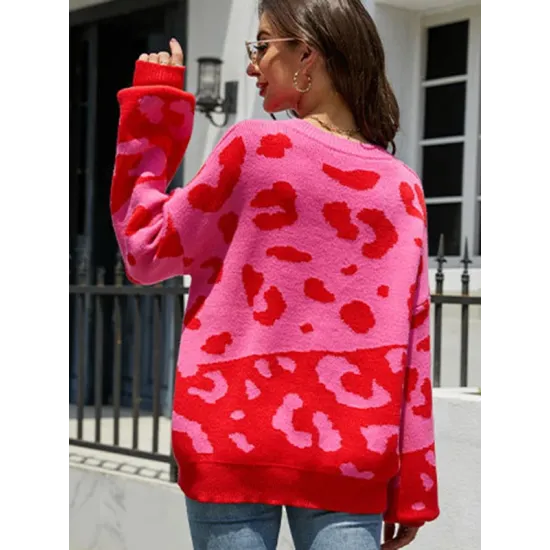 Urban Puff Sleeves Leopard Two-Tone Round-Neck Sweater Tops Urban Puff Sleeves Leopard Two-Tone Round-Neck Sweater Tops