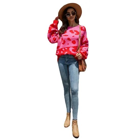 Urban Puff Sleeves Leopard Two-Tone Round-Neck Sweater Tops Urban Puff Sleeves Leopard Two-Tone Round-Neck Sweater Tops