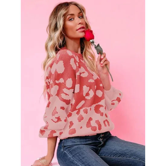 Urban Puff Sleeves Leopard Two-Tone Round-Neck Sweater Tops Urban Puff Sleeves Leopard Two-Tone Round-Neck Sweater Tops
