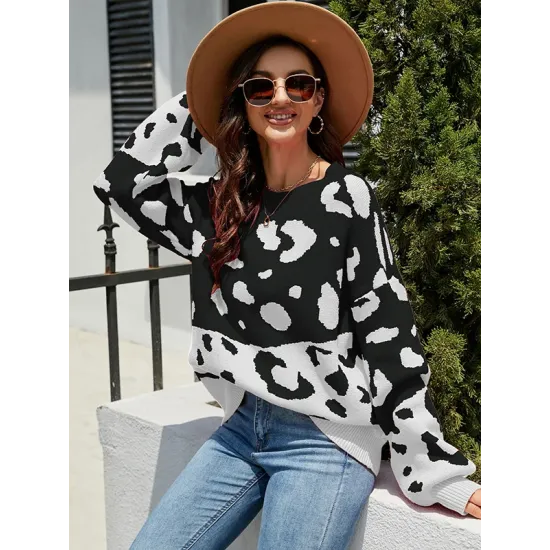 Urban Puff Sleeves Leopard Two-Tone Round-Neck Sweater Tops Urban Puff Sleeves Leopard Two-Tone Round-Neck Sweater Tops