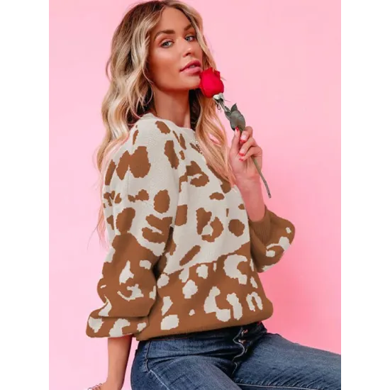 Urban Puff Sleeves Leopard Two-Tone Round-Neck Sweater Tops Urban Puff Sleeves Leopard Two-Tone Round-Neck Sweater Tops
