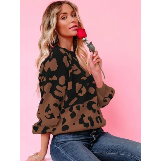 Urban Puff Sleeves Leopard Two-Tone Round-Neck Sweater Tops Urban Puff Sleeves Leopard Two-Tone Round-Neck Sweater Tops