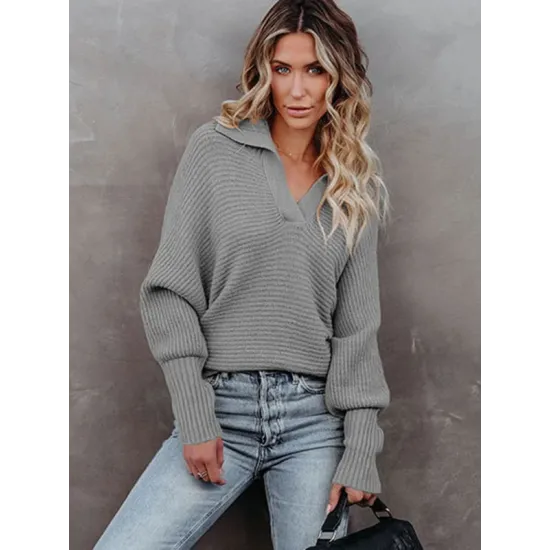 Long Sleeves Solid Color Lapel V-Neck Sweater Tops