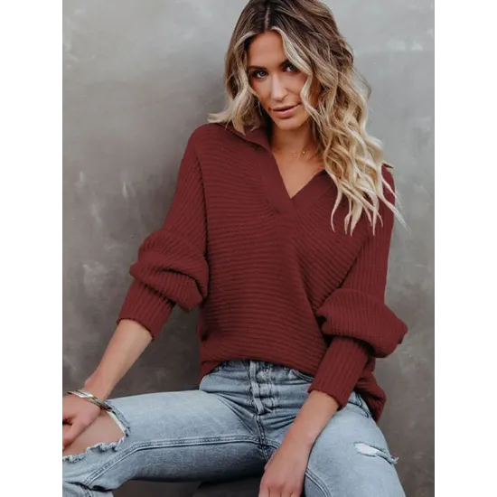 Long Sleeves Solid Color Lapel V-Neck Sweater Tops