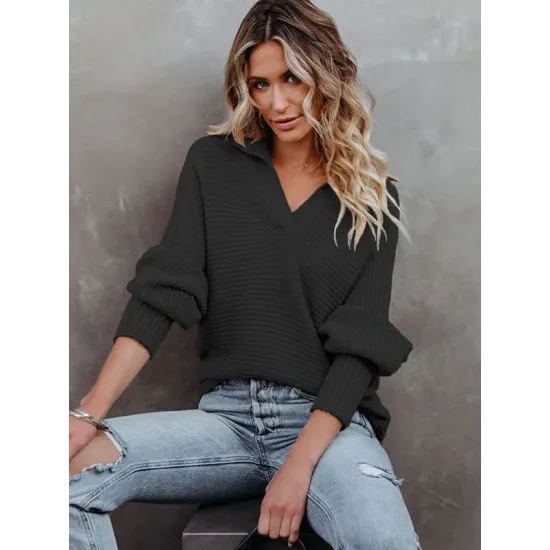 Long Sleeves Solid Color Lapel V-Neck Sweater Tops