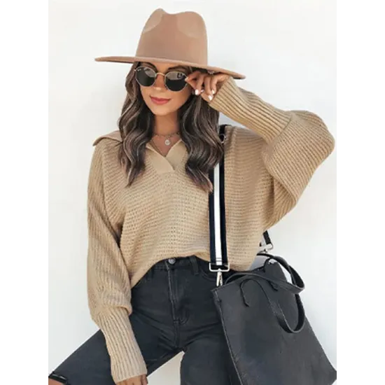 Long Sleeves Solid Color Lapel V-Neck Sweater Tops