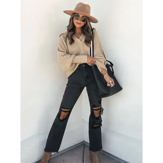 Long Sleeves Solid Color Lapel V-Neck Sweater Tops