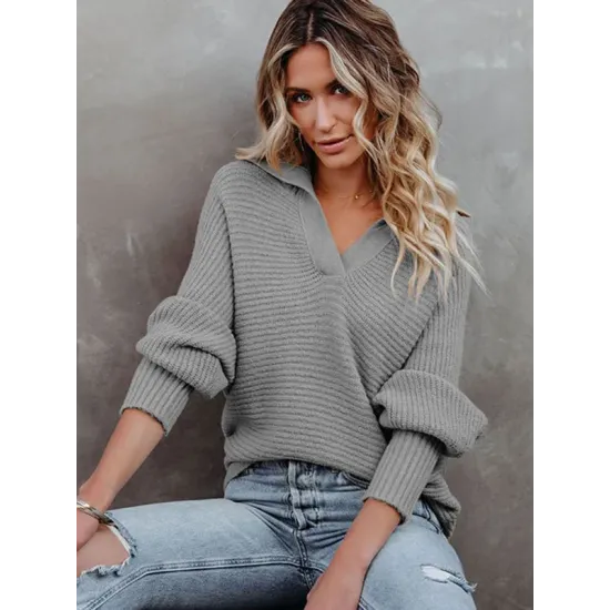 Long Sleeves Solid Color Lapel V-Neck Sweater Tops