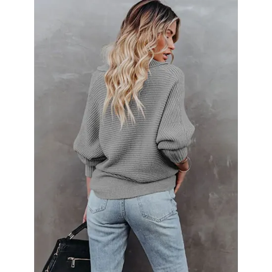 Long Sleeves Solid Color Lapel V-Neck Sweater Tops