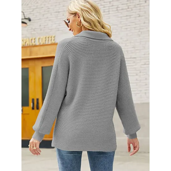 Long Sleeves Solid Color Lapel V-Neck Sweater Tops
