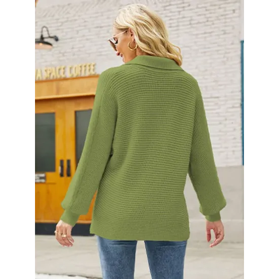 Long Sleeves Solid Color Lapel V-Neck Sweater Tops
