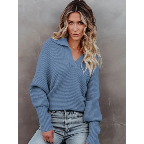 Long Sleeves Solid Color Lapel V-Neck Sweater Tops