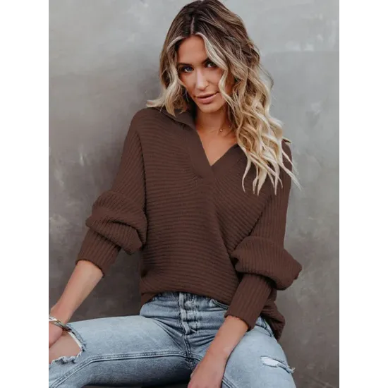 Long Sleeves Solid Color Lapel V-Neck Sweater Tops