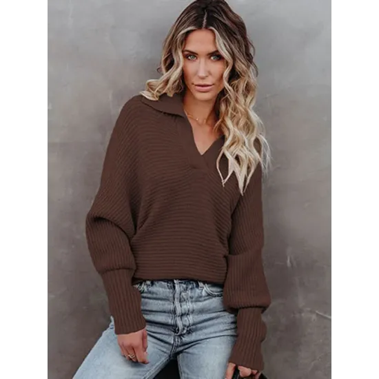 Long Sleeves Solid Color Lapel V-Neck Sweater Tops