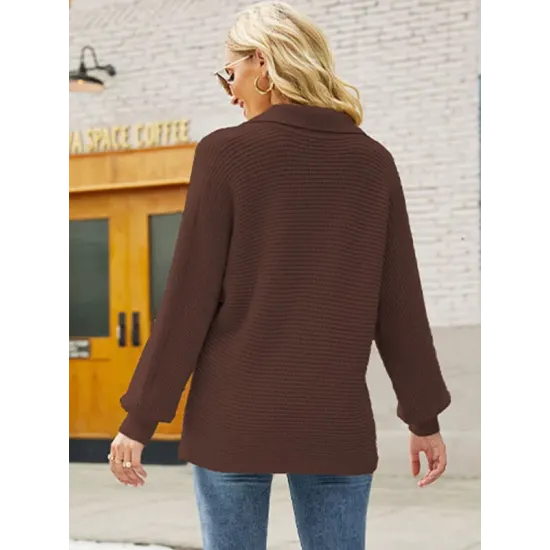 Long Sleeves Solid Color Lapel V-Neck Sweater Tops