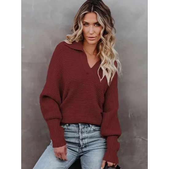 Long Sleeves Solid Color Lapel V-Neck Sweater Tops