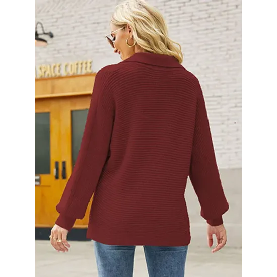 Long Sleeves Solid Color Lapel V-Neck Sweater Tops
