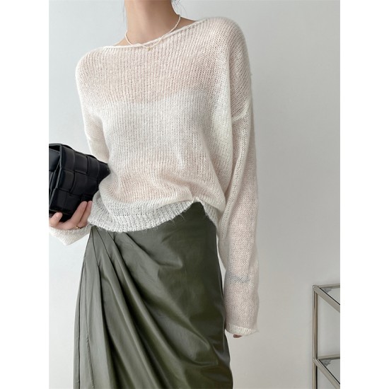 Gentle Mohair Knitted Loose Long Sleeves Solid Color Thin Sweater Tops Gentle Mohair Knitted Loose Long Sleeves Solid Color Thin Sweater Tops