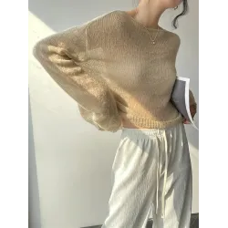 Gentle Mohair Knitted Loose Long Sleeves Solid Color Thin Sweater Tops