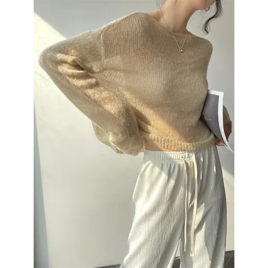 Gentle Mohair Knitted Loose Long Sleeves Solid Color Thin Sweater Tops Gentle Mohair Knitted Loose Long Sleeves Solid Color Thin Sweater Tops