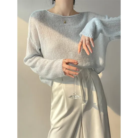 Gentle Mohair Knitted Loose Long Sleeves Solid Color Thin Sweater Tops Gentle Mohair Knitted Loose Long Sleeves Solid Color Thin Sweater Tops